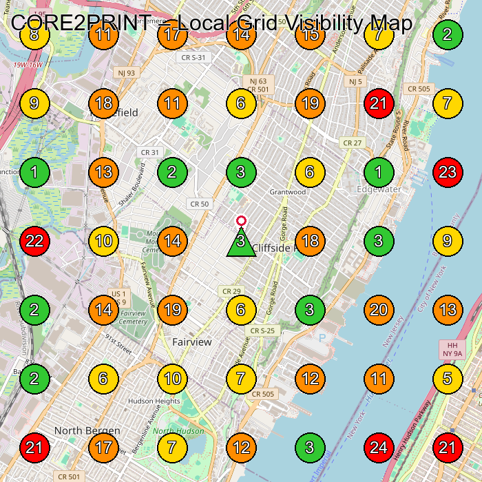 CORE2PRINT Custom T-Shirt Store GeoGrid ranking map for Fairview NJ