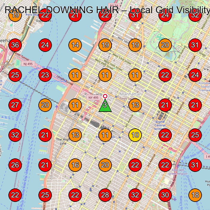 RACHEL DOWNING HAIR GeoGrid visibility map for Beauty Salon in New York
