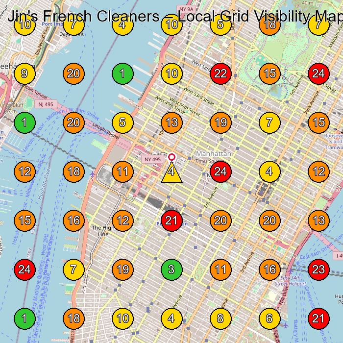 Jin's French Cleaners Dry Cleaner GeoGrid ranking map for New York NY