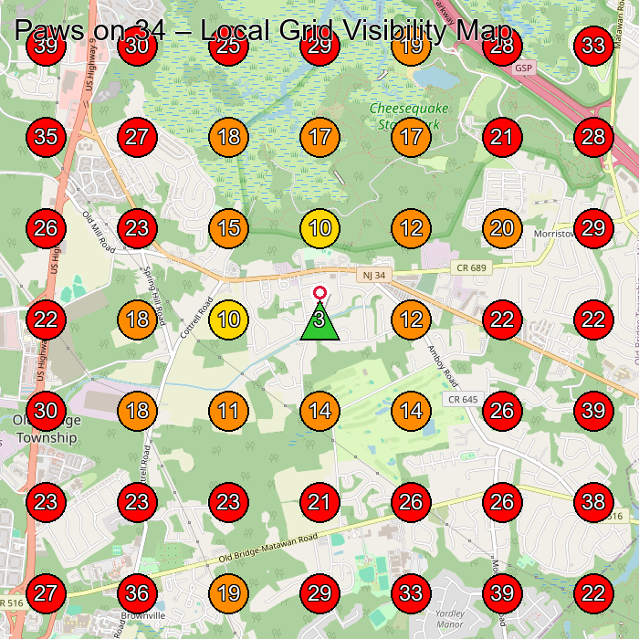 Paws on 34 GeoGrid visibility map for Pet Groomer in Matawan