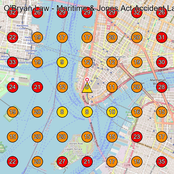 O'Bryan Law - Maritime & Jones Act Accident Lawyers GeoGrid visibility map for Personal Injury Attorney in New York
