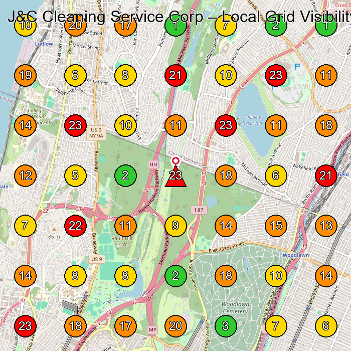 J&C Cleaning Service Corp Commercial Cleaning Service GeoGrid ranking map for Yonkers NY