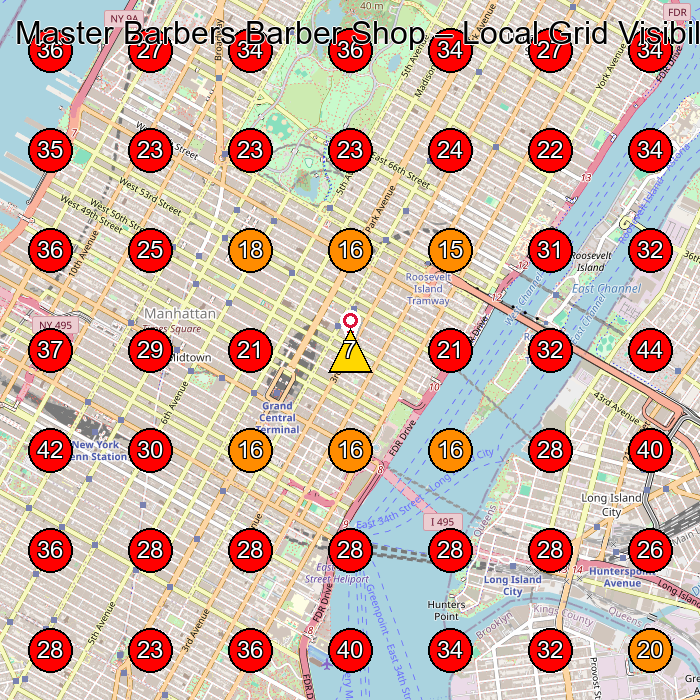 Master Barbers Barber Shop GeoGrid visibility map for Barber Shop in New York