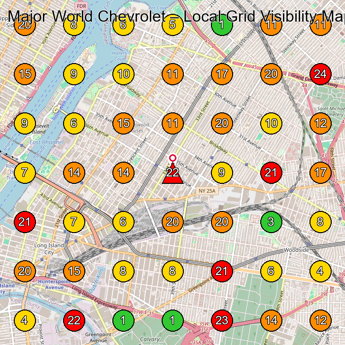 Major World Chevrolet Chevrolet Dealer GeoGrid ranking map for Queens NY