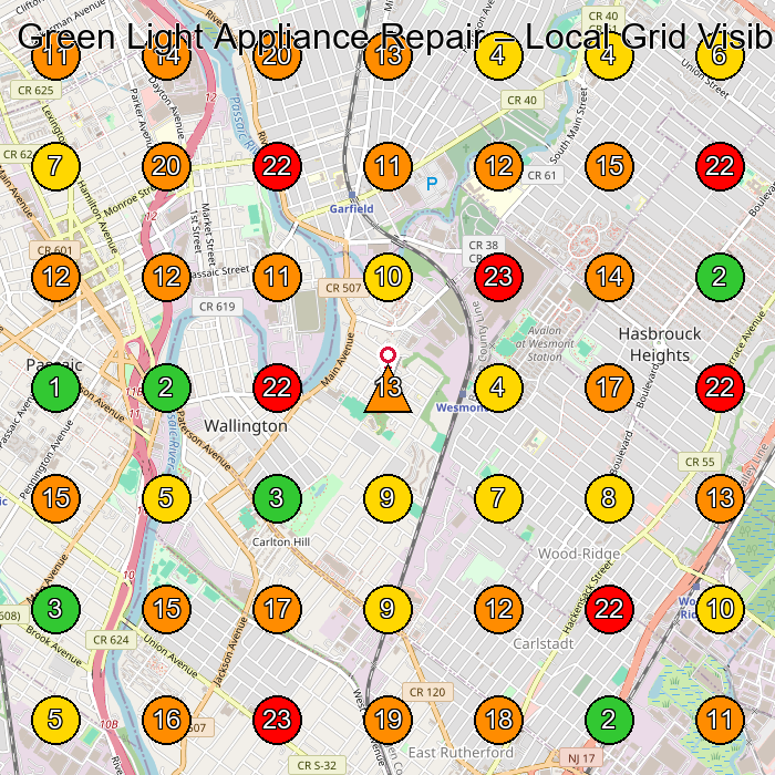 Green Light Appliance Repair Appliance Repair Service GeoGrid ranking map for Wallington NJ
