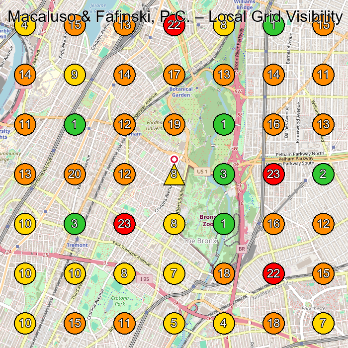 Macaluso & Fafinski, P.C. Personal Injury Attorney GeoGrid ranking map for Bronx NY
