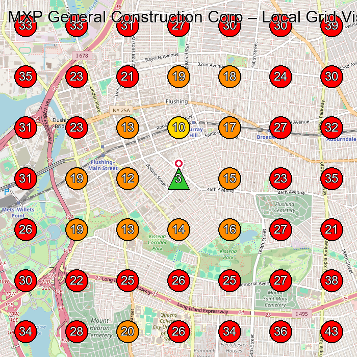 MXP General Construction Corp GeoGrid visibility map for General Contractor in None