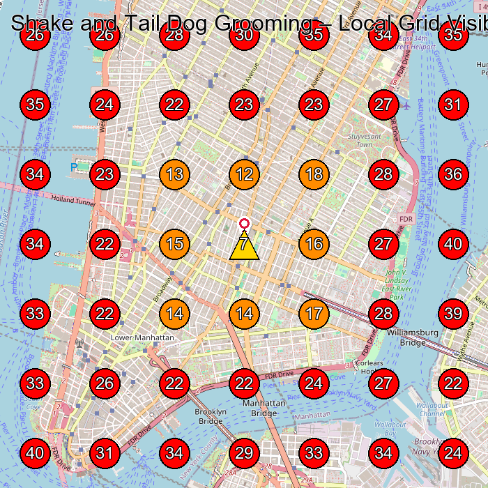 Shake and Tail Dog Grooming GeoGrid visibility map for Pet Groomer in New York