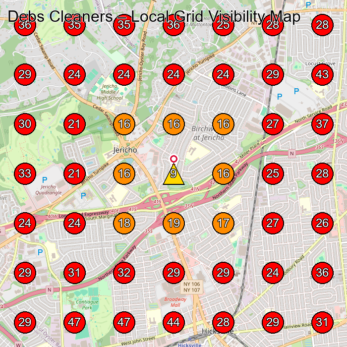 Debs Cleaners GeoGrid visibility map for Dry Cleaner in Farmingdale