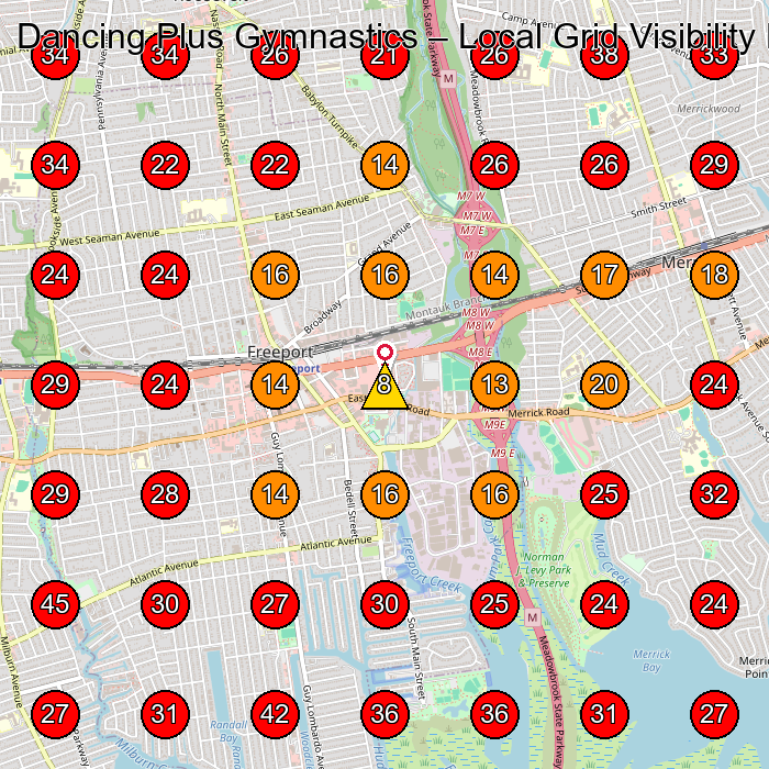 Dancing Plus Gymnastics GeoGrid visibility map for Dance School in Freeport