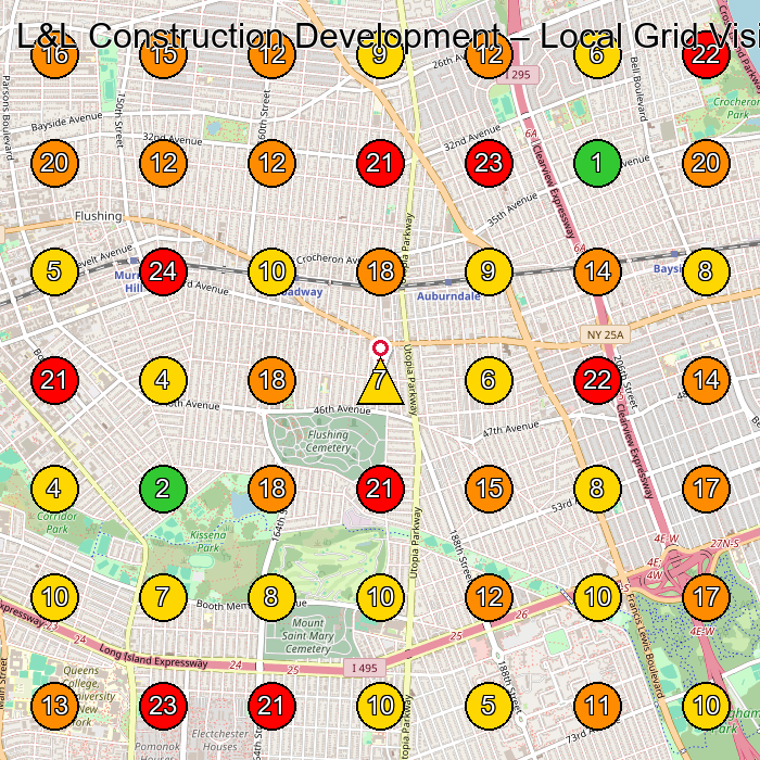 L&L Construction Development General Contractor GeoGrid ranking map for Flushing NY