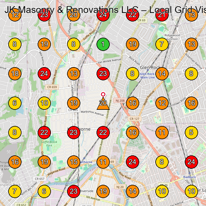 JK Masonry & Renovations LLC Masonry Contractor GeoGrid ranking map for Hawthorne NJ