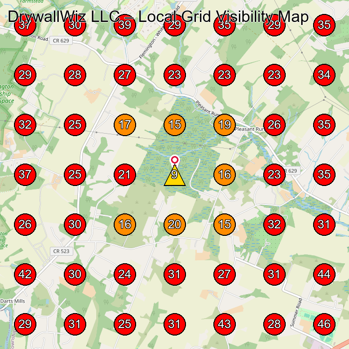 DrywallWiz LLC GeoGrid visibility map for Dry Wall Contractor in Hillsborough Township