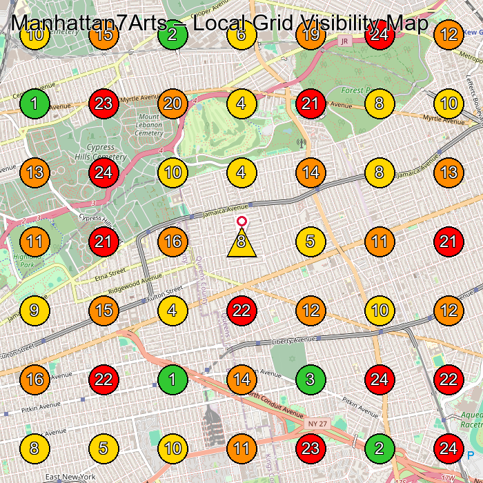 Manhattan7Arts Wedding Photographer GeoGrid ranking map for Woodhaven NY