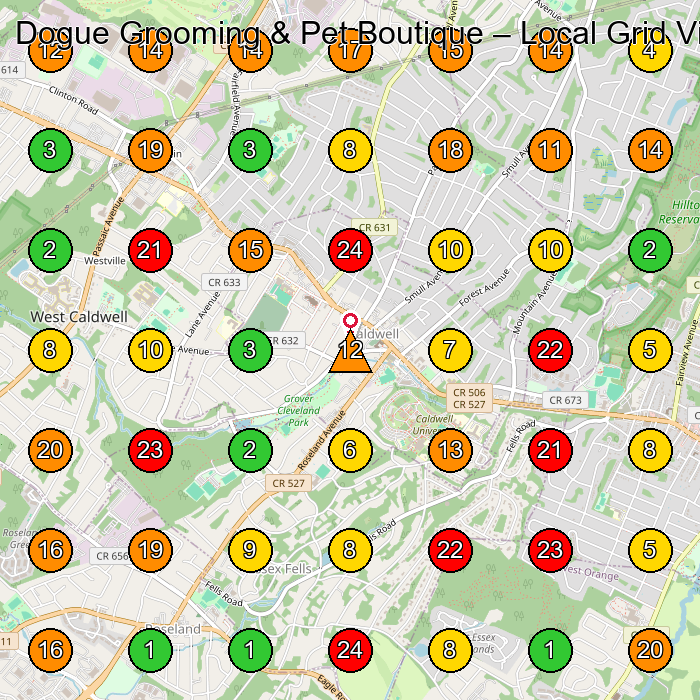 Dogue Grooming & Pet Boutique Pet Groomer GeoGrid ranking map for Caldwell NJ