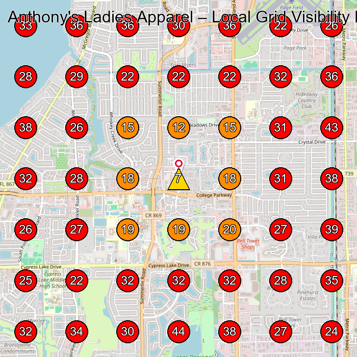 Anthony's Ladies Apparel GeoGrid visibility map for Clothing Store in 6900 Daniels Pkwy Unit A-14