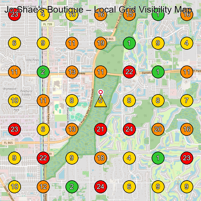 Jo Shae's Boutique Clothing Store GeoGrid ranking map for 6900 Daniels Pkwy Unit A-14 Fort