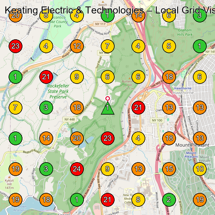Keating Electric & Technologies Electrician GeoGrid ranking map for Hawthorne NY
