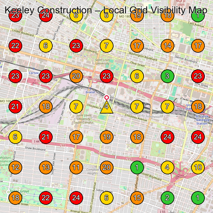 Keeley Construction Construction Company GeoGrid ranking map for St. Louis MO