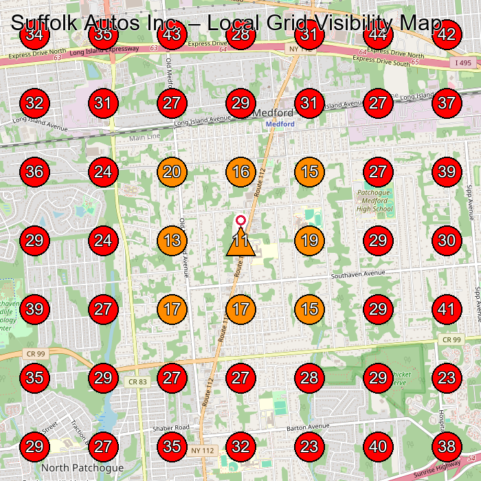 Suffolk Autos Inc. GeoGrid visibility map for Used Car Dealer in Medford