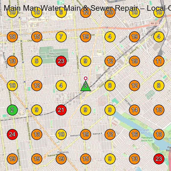 Main Man Water Main & Sewer Repair Plumber GeoGrid ranking map for Brooklyn NY