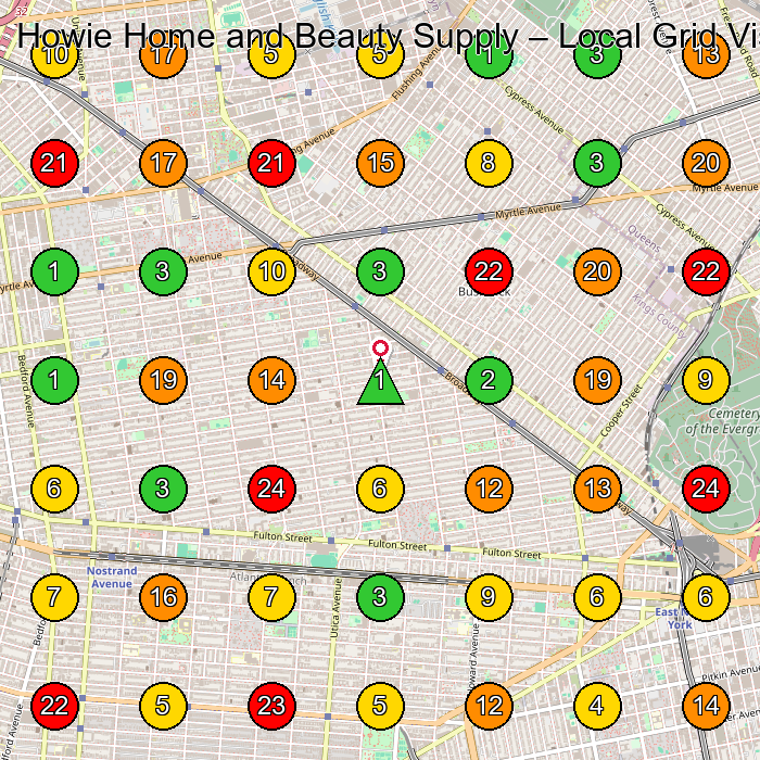 Howie Home and Beauty Supply Beauty Supply Store GeoGrid ranking map for Brooklyn NY