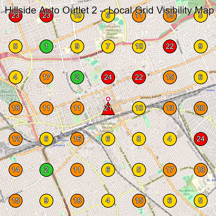 Hillside Auto Outlet 2 Used Car Dealer GeoGrid ranking map for Jamaica NY