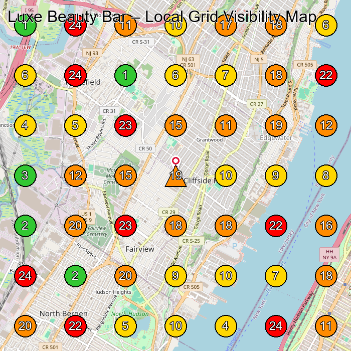 Luxe Beauty Bar Beauty Salon GeoGrid ranking map for Cliffside Park NJ