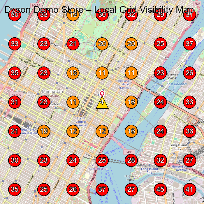 Dyson Demo Store GeoGrid visibility map for Beauty Supply Store in New York