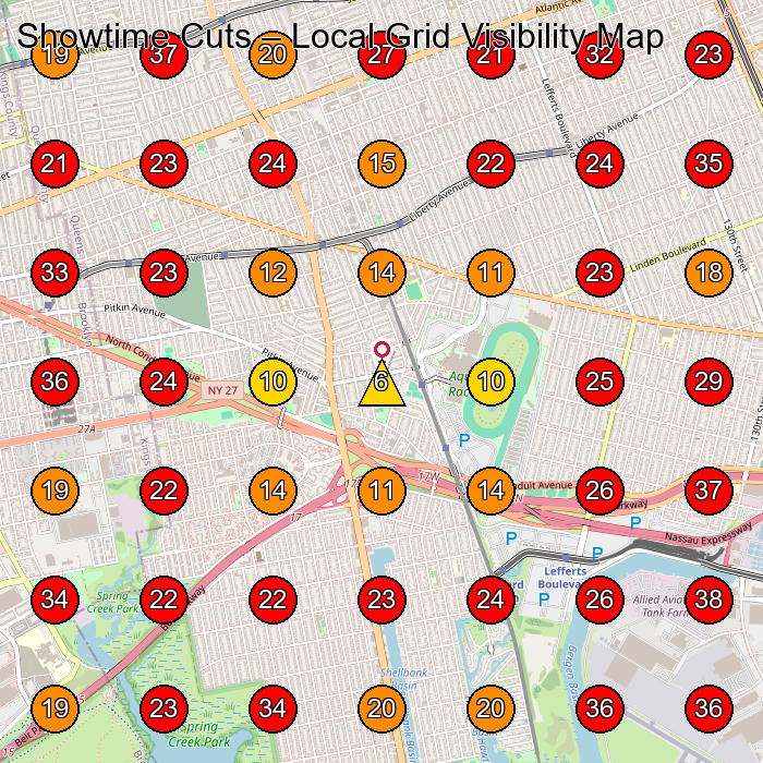 Showtime Cuts GeoGrid visibility map for Beauty Salon in Queens