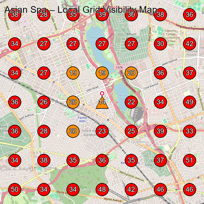 Asian Spa GeoGrid visibility map for Massage Spa in Elmhurst