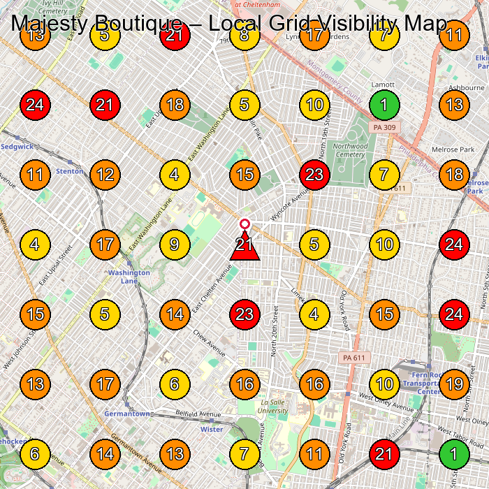 Majesty Boutique Women'S Clothing Store GeoGrid ranking map for Philadelphia PA