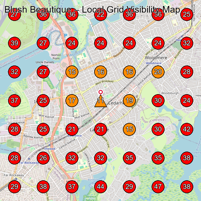 Blush Beautique GeoGrid visibility map for Wig Shop in Lawrence