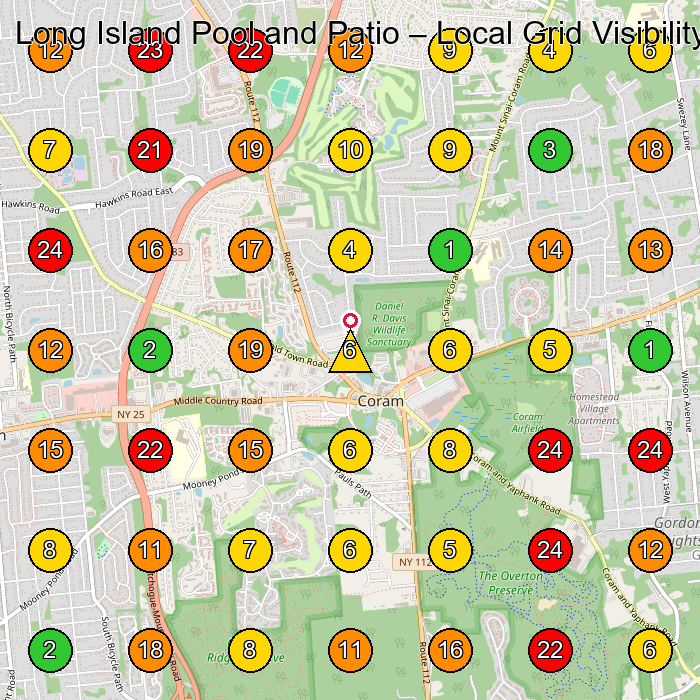 Long Island Pool and Patio Swimming Pool Contractor GeoGrid ranking map for Coram NY
