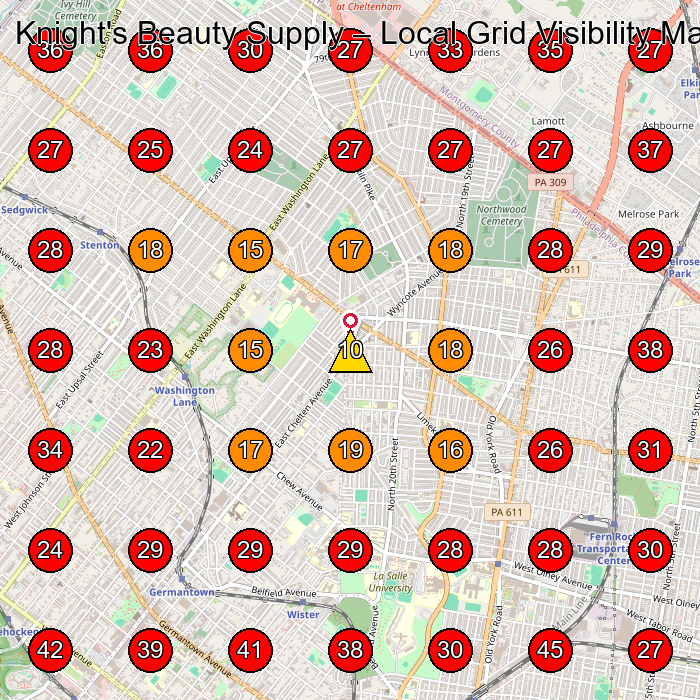 Knight's Beauty Supply GeoGrid visibility map for Women'S Clothing Store in Philadelphia