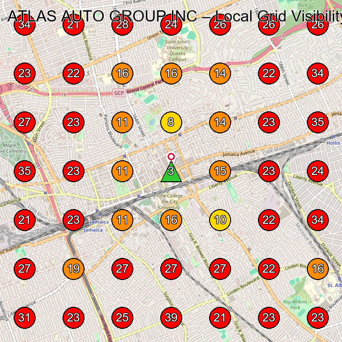 ATLAS AUTO GROUP INC GeoGrid visibility map for Used Car Dealer in Jamaica