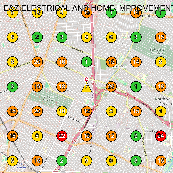 E&Z ELECTRICAL AND HOME IMPROVEMENT CORP Electrician GeoGrid ranking map for Elmont NY