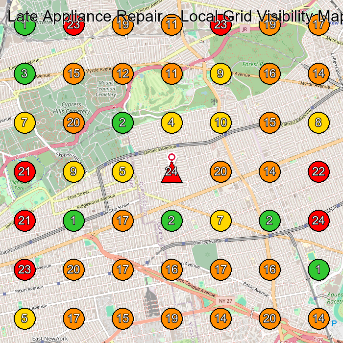 Late Appliance Repair Appliance Repair Service GeoGrid ranking map for Woodhaven NY