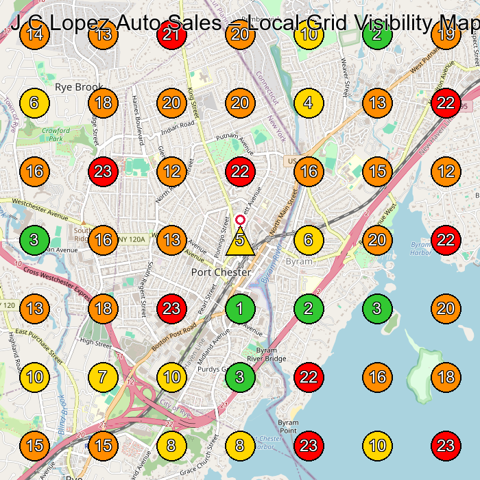 J C Lopez Auto Sales Used Car Dealer GeoGrid ranking map for Port Chester NY