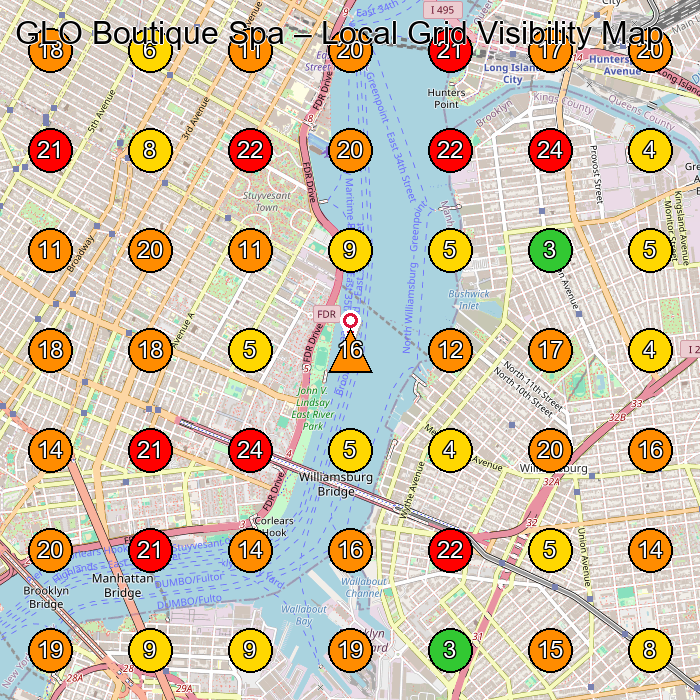 GLO Boutique Spa Day Spa GeoGrid ranking map for Brooklyn NY