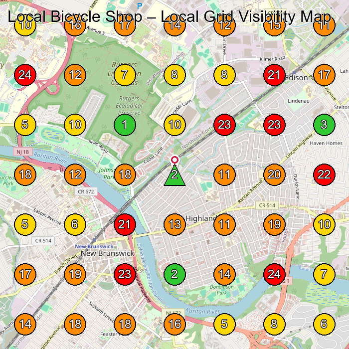 Local Bicycle Shop Bicycle Store GeoGrid ranking map for Highland Park NJ
