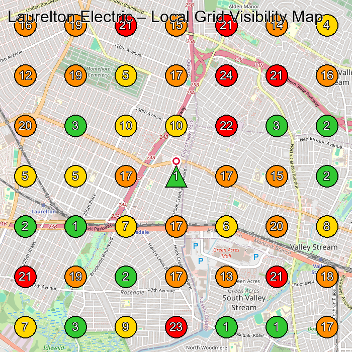 Laurelton Electric Electrician GeoGrid ranking map for Rosedale NY