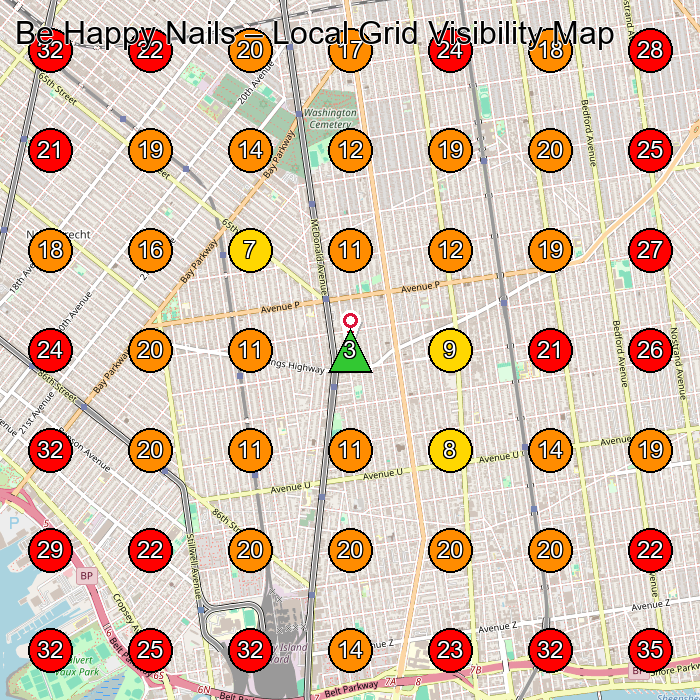 Be Happy Nails GeoGrid visibility map for Nail Salon in Brooklyn