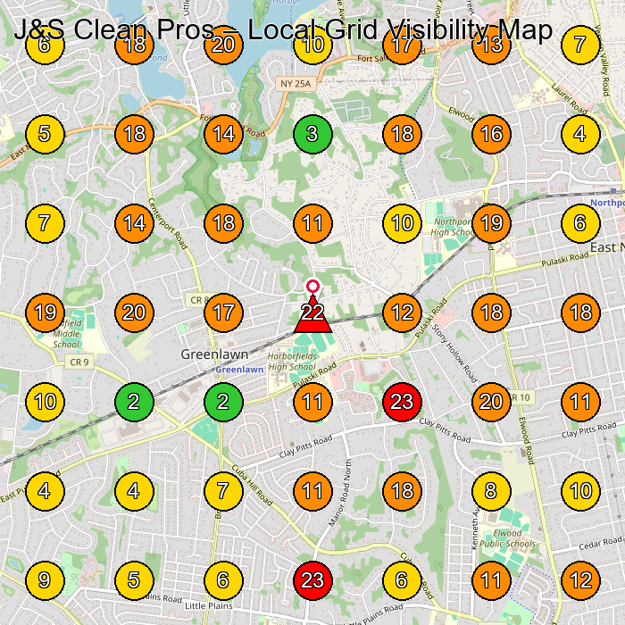 J&S Clean Pros Pressure Washing Service GeoGrid ranking map for Greenlawn NY