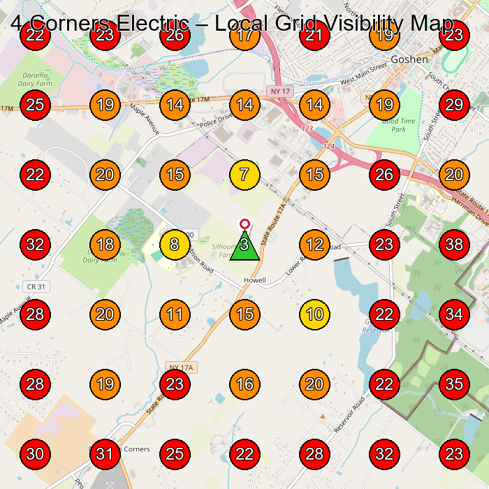 4 Corners Electric GeoGrid visibility map for Electrician in Goshen