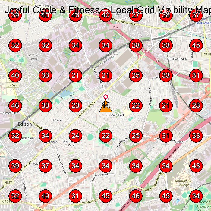 Joyful Cycle & Fitness GeoGrid visibility map for Bicycle Store in Highland Park