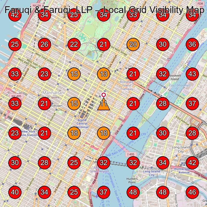 Faruqi & Faruqi, LLP GeoGrid visibility map for Legal Services in New York