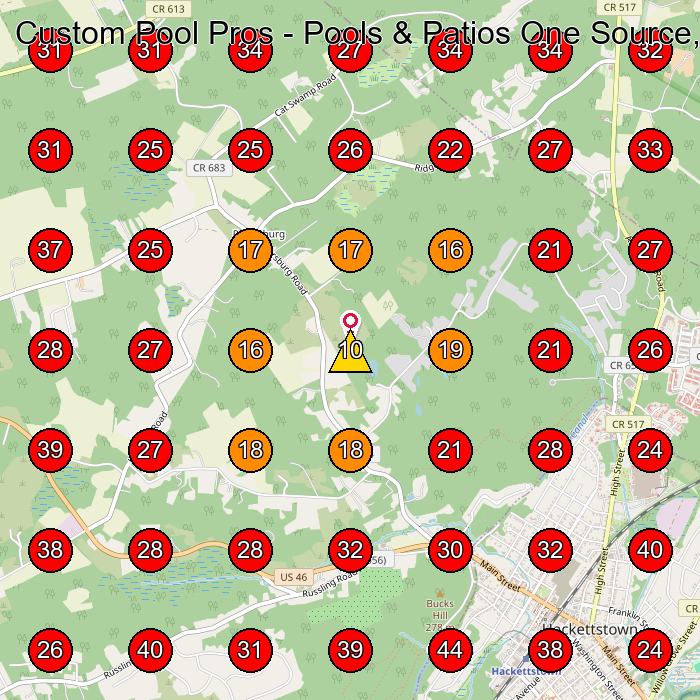 Custom Pool Pros - Pools & Patios One Source, Hackettstown GeoGrid visibility map for Swimming Pool Contractor in Newton