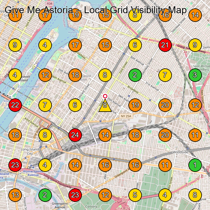 Give Me Astoria Publisher GeoGrid ranking map for Queens NY