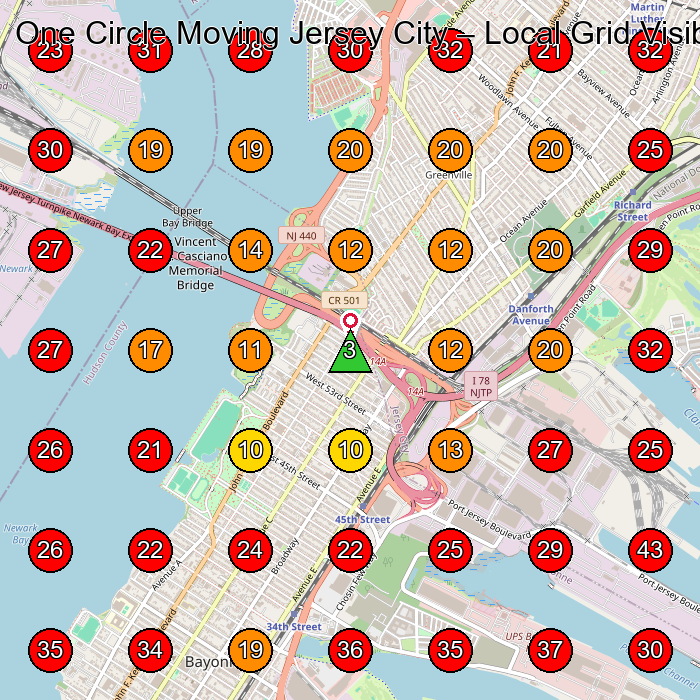 One Circle Moving Jersey City GeoGrid visibility map for Moving Company in Newark
